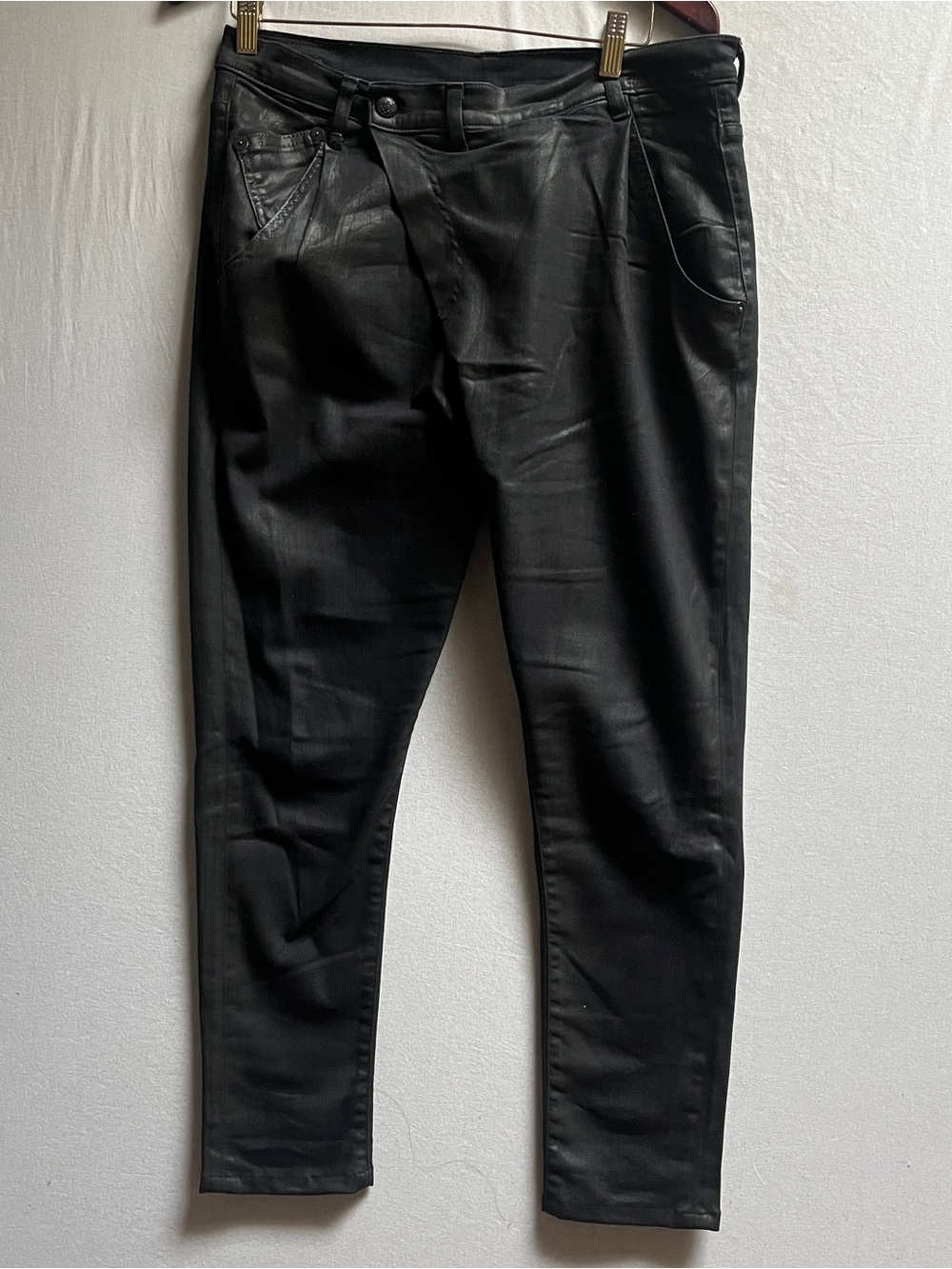 R13 Size 31 Black Wax Coated Crossover Asymmetric Skinny Jeans